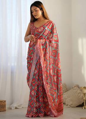 red chinon silk blend print work with mirror work border designer saree 2