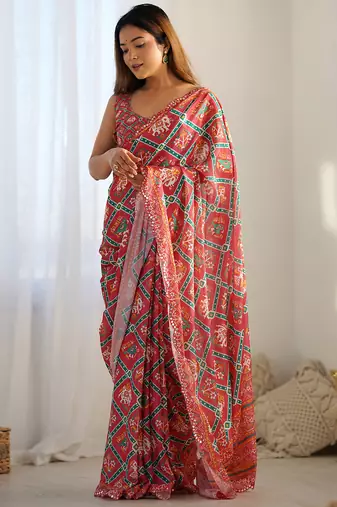 red chinon silk blend print work with mirror work border designer saree