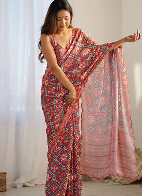 red chinon silk blend print work with mirror work border designer saree 3
