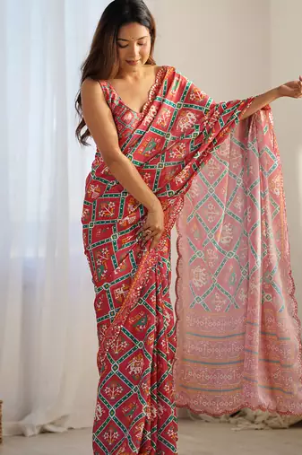 red chinon silk blend print work with mirror work border designer saree