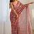 red chinon silk blend print work with mirror work border designer saree
