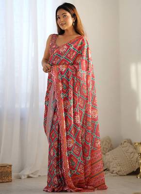 red chinon silk blend print work with mirror work border designer saree 4