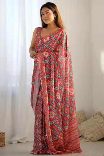 red chinon silk blend print work with mirror work border designer saree