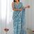 sky blue chinon silk blend print work with mirror work border designer saree