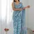 sky blue chinon silk blend print work with mirror work border designer saree
