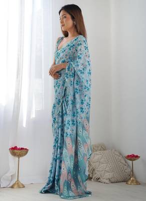 sky blue chinon silk blend print work with mirror work border designer saree 2
