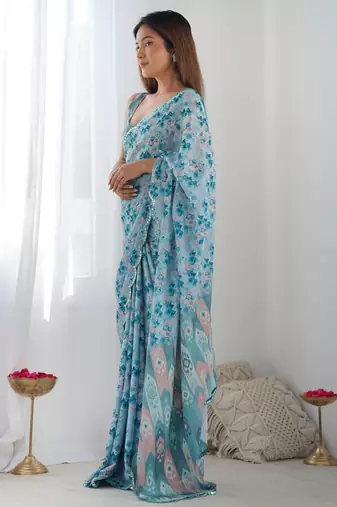 sky blue chinon silk blend print work with mirror work border designer saree