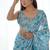 sky blue chinon silk blend print work with mirror work border designer saree