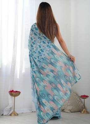 sky blue chinon silk blend print work with mirror work border designer saree 4