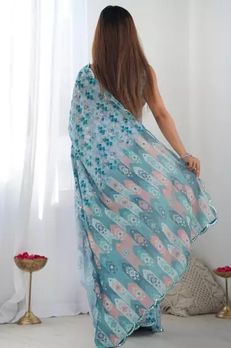 sky blue chinon silk blend print work with mirror work border designer saree