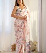 off white chinon silk blend print work with mirror work border designer saree