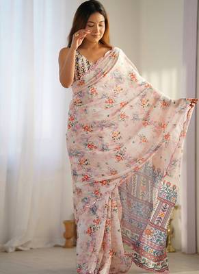 off white chinon silk blend print work with mirror work border designer saree 2