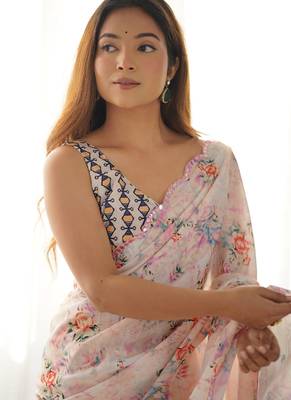 off white chinon silk blend print work with mirror work border designer saree 3