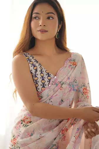 off white chinon silk blend print work with mirror work border designer saree