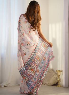 off white chinon silk blend print work with mirror work border designer saree 4