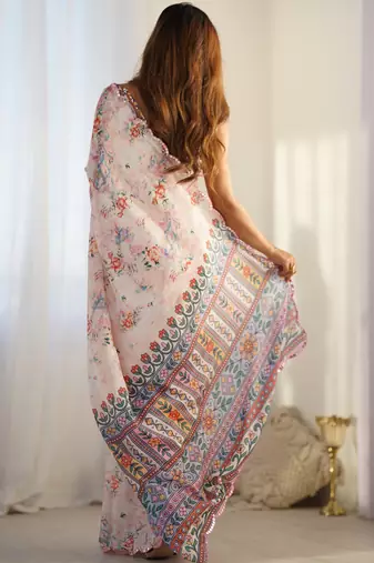off white chinon silk blend print work with mirror work border designer saree