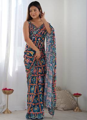 blue chinon silk blend print work with mirror work border designer saree 1