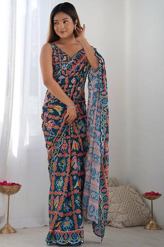 blue chinon silk blend print work with mirror work border designer saree