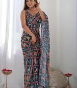 blue chinon silk blend print work with mirror work border designer saree