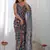 blue chinon silk blend print work with mirror work border designer saree