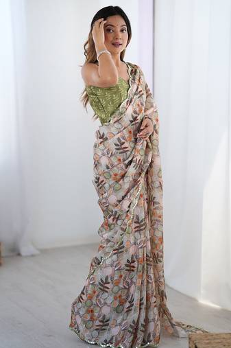 multicolor chinon silk blend print work with mirror work border designer saree