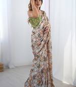 multicolor chinon silk blend print work with mirror work border designer saree