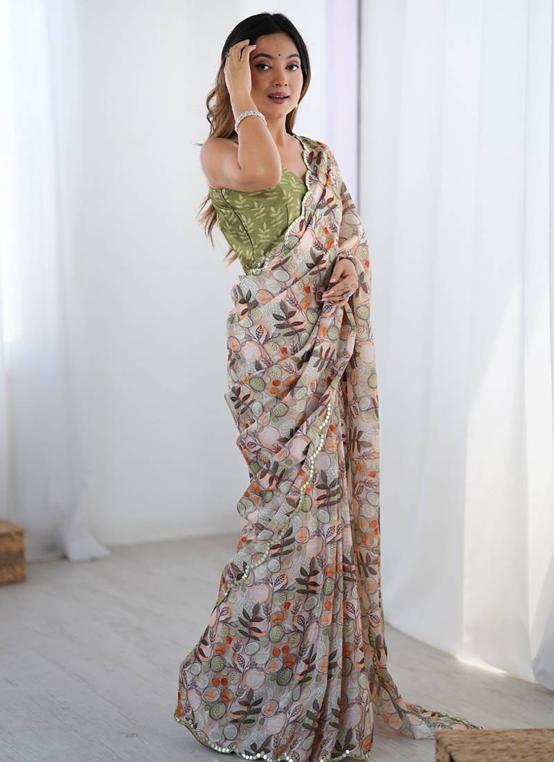 multicolor chinon silk blend print work with mirror work border designer saree