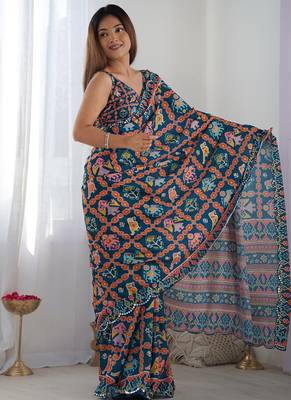 blue chinon silk blend print work with mirror work border designer saree 2