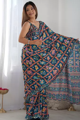 blue chinon silk blend print work with mirror work border designer saree