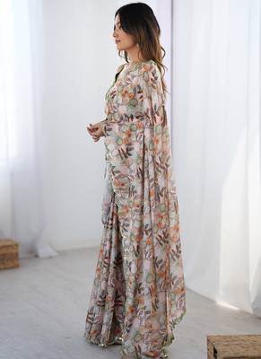multicolor chinon silk blend print work with mirror work border designer saree 2