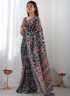 blue chinon silk blend print work with mirror work border designer saree 3