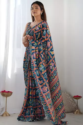 blue chinon silk blend print work with mirror work border designer saree