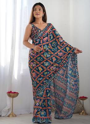 blue chinon silk blend print work with mirror work border designer saree 4