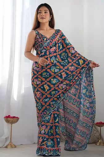 blue chinon silk blend print work with mirror work border designer saree