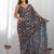 blue chinon silk blend print work with mirror work border designer saree