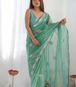 turquoise organza thread work color tone fabric party wear saree