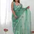 turquoise organza thread work color tone fabric party wear saree