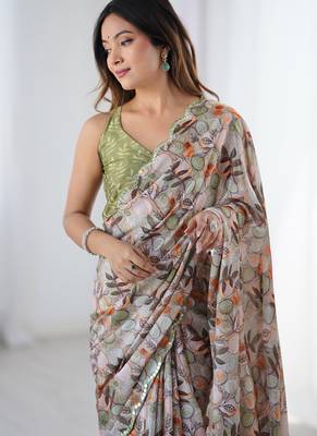 multicolor chinon silk blend print work with mirror work border designer saree 3