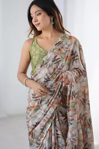 multicolor chinon silk blend print work with mirror work border designer saree