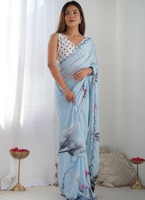 sky blue chinon silk blend print work with mirror work border designer saree 1