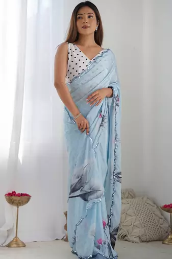 sky blue chinon silk blend print work with mirror work border designer saree