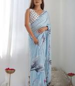 sky blue chinon silk blend print work with mirror work border designer saree