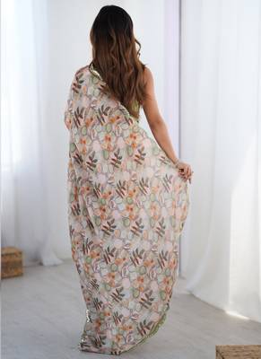 multicolor chinon silk blend print work with mirror work border designer saree 4