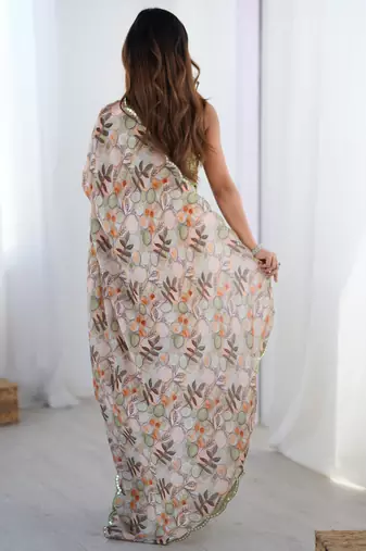 multicolor chinon silk blend print work with mirror work border designer saree