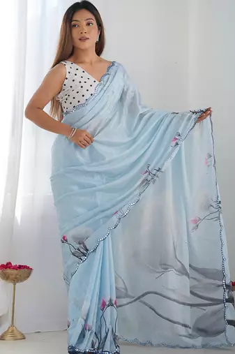 sky blue chinon silk blend print work with mirror work border designer saree