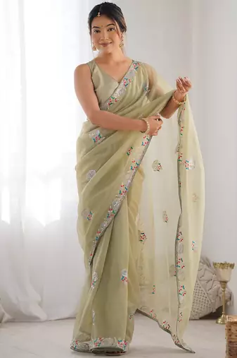 olive green organza thread work color tone fabric party wear saree
