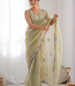 olive green organza thread work color tone fabric party wear saree