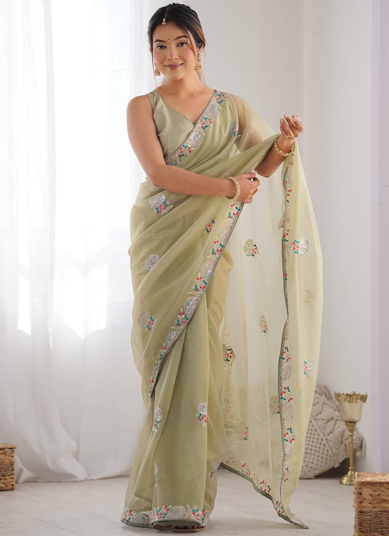 olive green organza thread work color tone fabric party wear saree