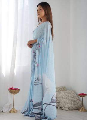 sky blue chinon silk blend print work with mirror work border designer saree 3