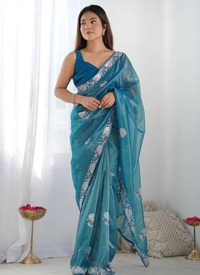 rama organza thread work color tone fabric party wear saree 1